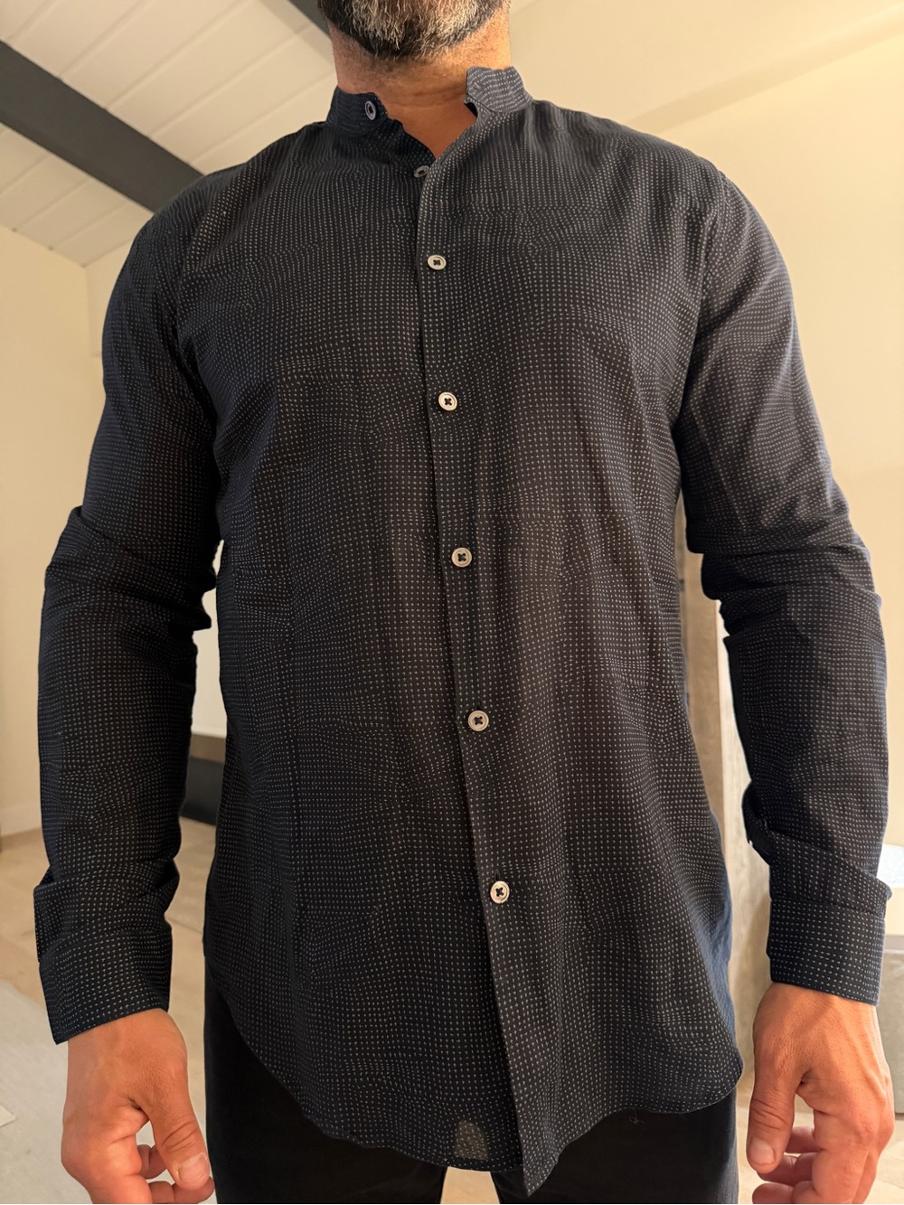 John Varvatos Men’s Navy Shirt with White Micro Cross Pattern